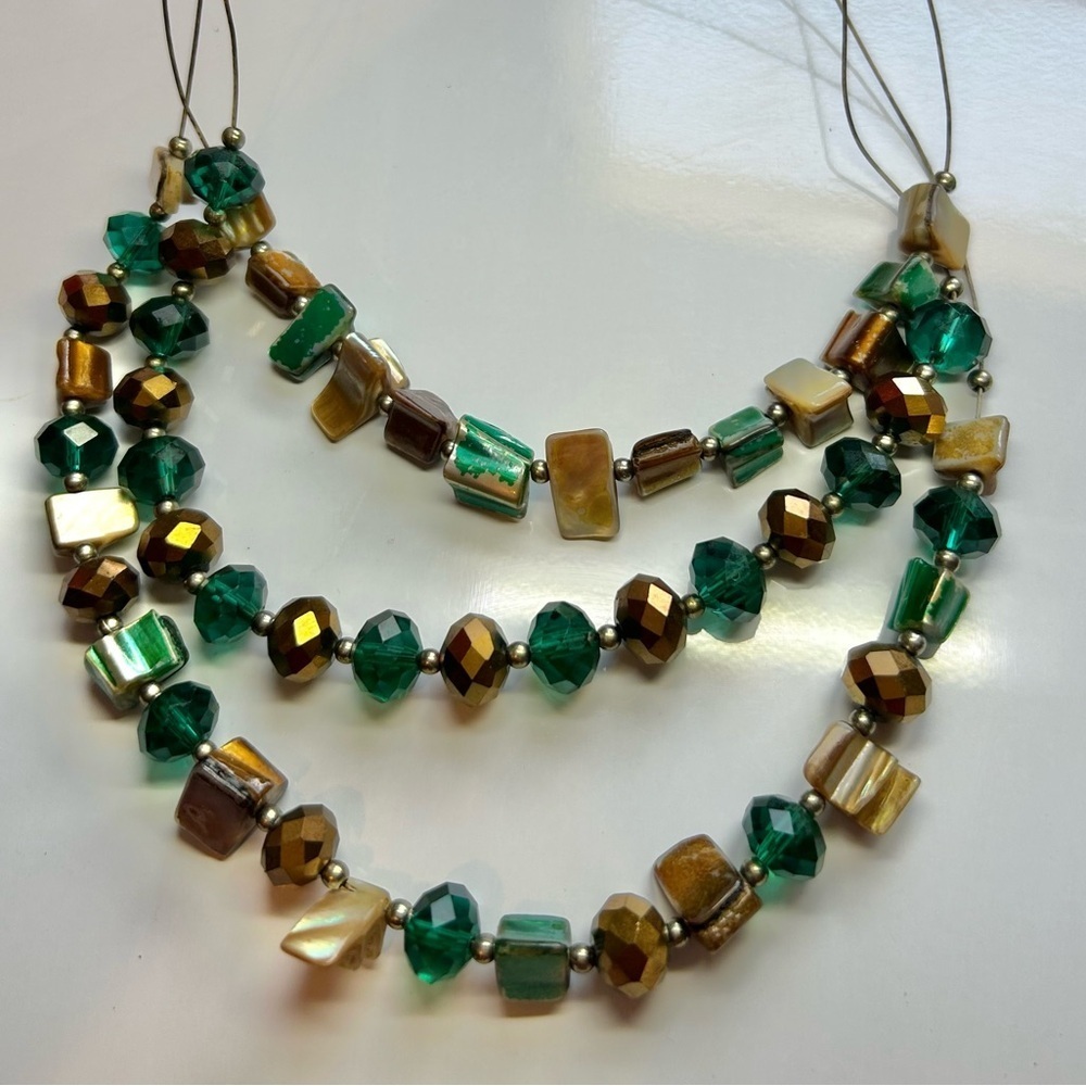 Vintage Green Multi Strand Beaded  Statement Necklace with Shell & Crystal Beads